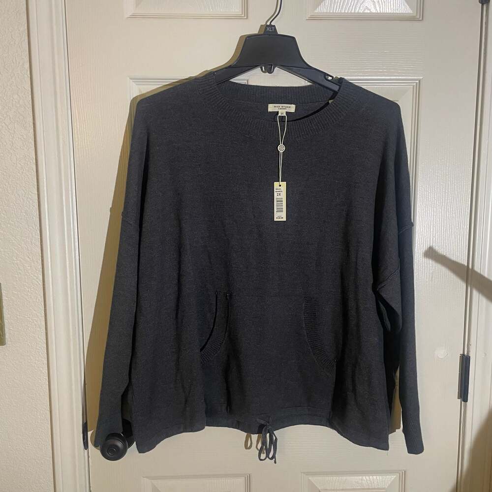 Max Studio London New Charcoal Gray Drawstring Knit Pullover Sweater 2X